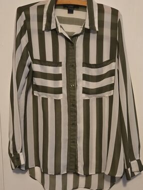 Lime Blue Olive Green White Striped Sheer Button Down Blouse Shirt L